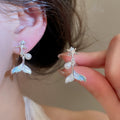18K Gold Plated Zircon Mother Of Pearl Fishtail Faux Pearl Dangle Clip-on Earrings view 3