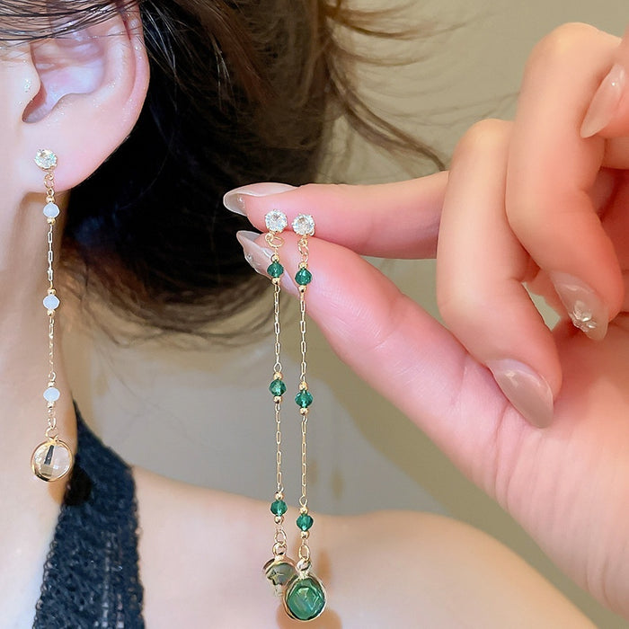 Copper Crystal Round Geometric Tassel Drop Earrings Vintage Light Luxury Statement Stud Style
