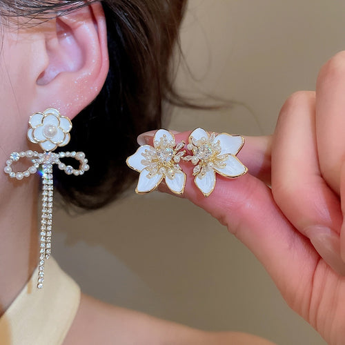 Copper Silver Needle Enamel Zircon Flower Bow Stud Earrings Vintage Elegant Light Luxury Jewelry