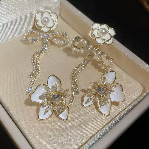Copper Silver Needle Enamel Zircon Flower Bow Stud Earrings Vintage Elegant Light Luxury Jewelry