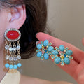 Vintage Resin Oval Stone Tassel Drop Earrings With Rhinestone Silver Pin Geometric Niche Style view 2