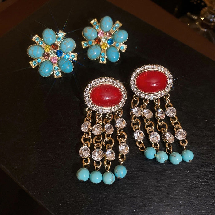 Vintage Resin Oval Stone Tassel Drop Earrings With Rhinestone Silver Pin Geometric Niche Style