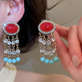 Vintage Resin Oval Stone Tassel Drop Earrings With Rhinestone Silver Pin Geometric Niche Style view 4