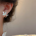 14K Gold Plated Silver Needle Zircon Butterfly Faux Pearl Stud Earrings French Elegant Light Luxury view 3