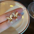 14K Gold Plated Silver Needle Zircon Butterfly Faux Pearl Stud Earrings French Elegant Light Luxury view 2