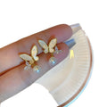 14K Gold Plated Silver Needle Zircon Butterfly Faux Pearl Stud Earrings French Elegant Light Luxury view 5