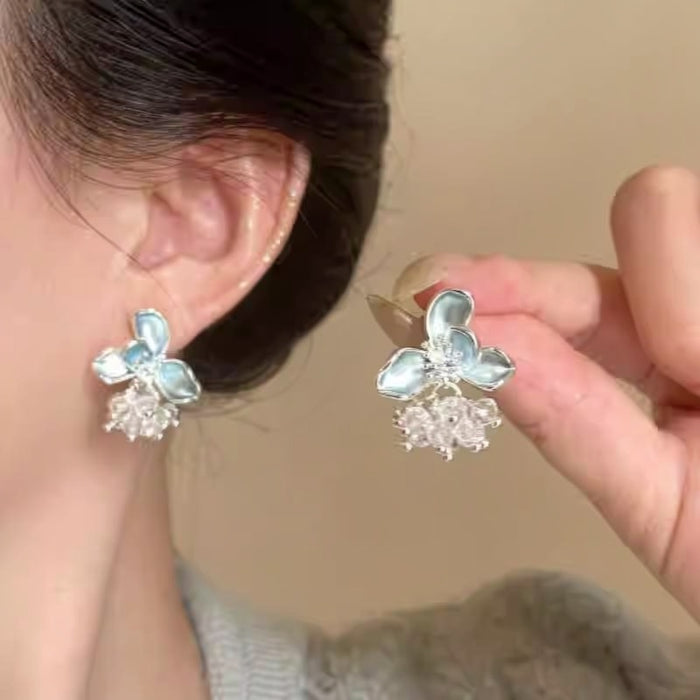 Silver Needle Enamel Flower Faux Crystal Tassel Drop Earrings For Women Elegant Niche Style