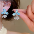 Korean Fresh Copper Enamel Flower Pearl Tassel Drop Earrings For Women view 3