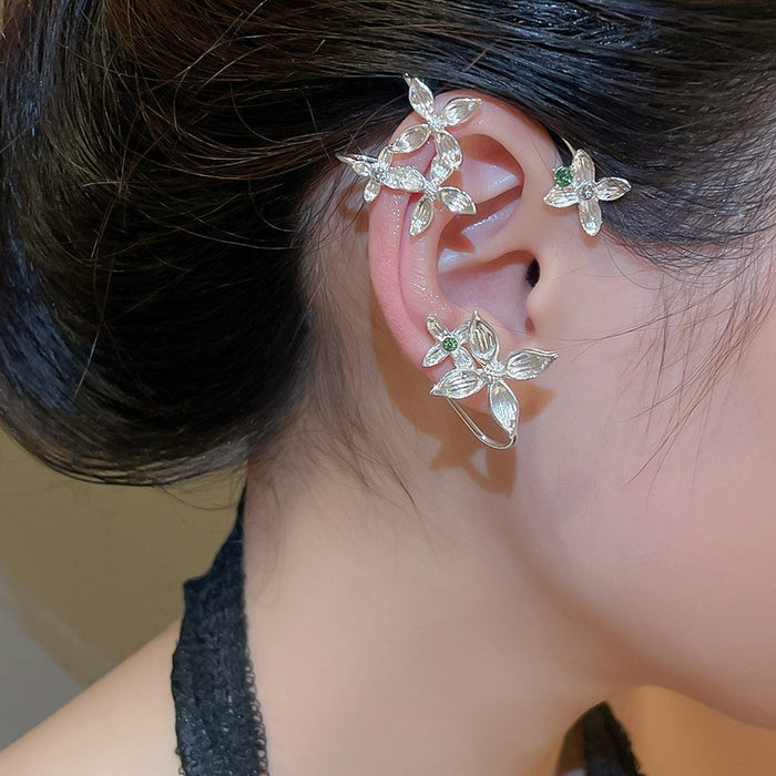 Minimalist Alloy Rhinestone Petal Flower Ear Cuff Earrings, Elegant Light Luxury Niche Style