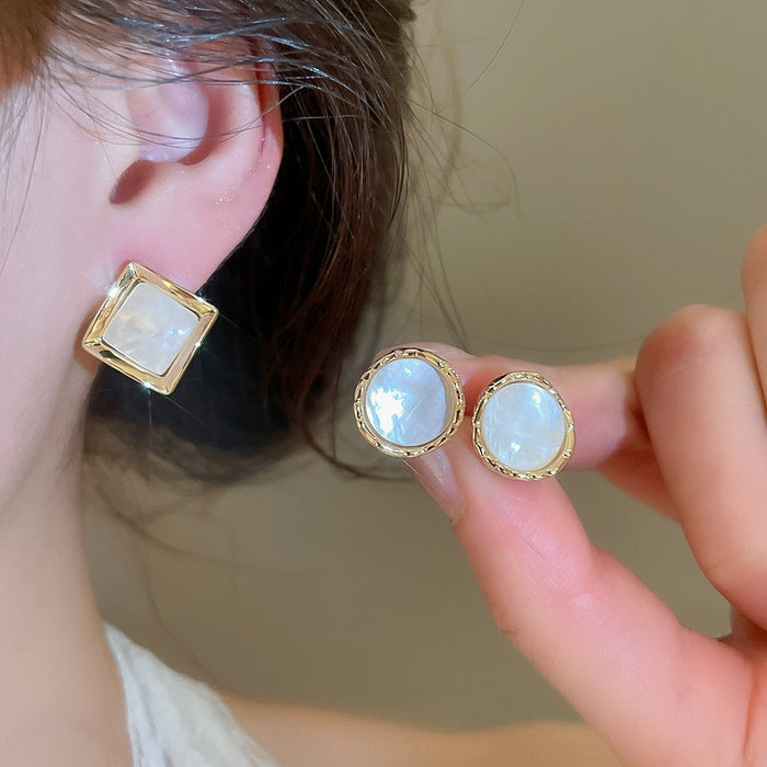 18K Gold Plated Mother Of Pearl Rhombus Stud Earrings With Silver Pins, Minimalist Vintage Style