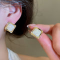 18K Gold Plated Mother Of Pearl Rhombus Stud Earrings With Silver Pins, Minimalist Vintage Style view 3