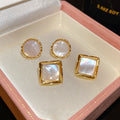 18K Gold Plated Mother Of Pearl Rhombus Stud Earrings With Silver Pins, Minimalist Vintage Style view 4