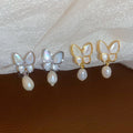 18K Gold Plated Mother Of Pearl Butterfly Pearl Clip-on Earrings Vintage Sweet Elegant Jewelry view 1