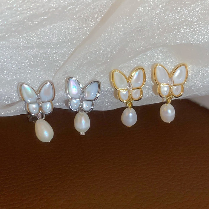 18K Gold Plated Mother Of Pearl Butterfly Pearl Clip-on Earrings Vintage Sweet Elegant Jewelry