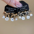 18K Gold Plated Zircon Bow Flower Faux Pearl Clip-on Earrings Sweet Floral Jewelry view 2