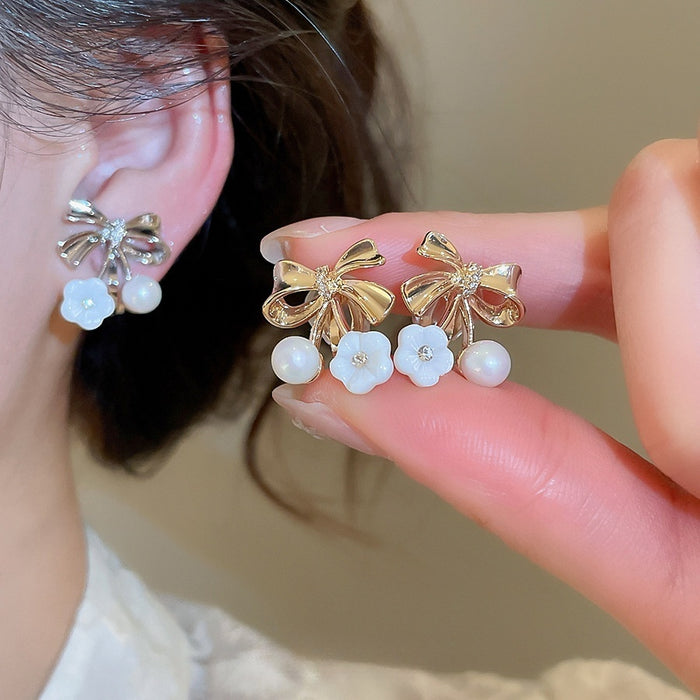 18K Gold Plated Zircon Bow Flower Faux Pearl Clip-on Earrings Sweet Floral Jewelry