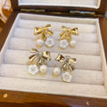 18K Gold Plated Zircon Bow Flower Faux Pearl Clip-on Earrings Sweet Floral Jewelry view 4