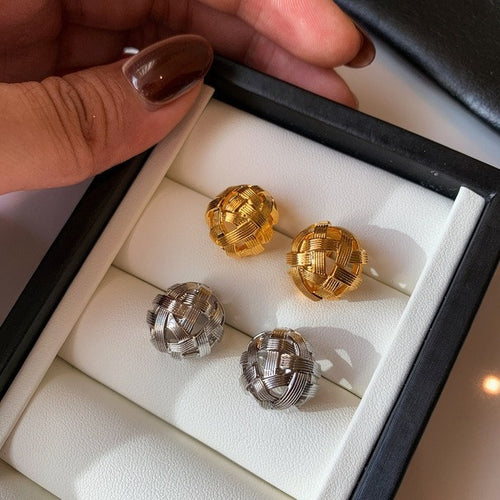 18K Gold Plated Copper Woven Round Geometric Clip-on Earrings Fashion Non Pierced Jewelry