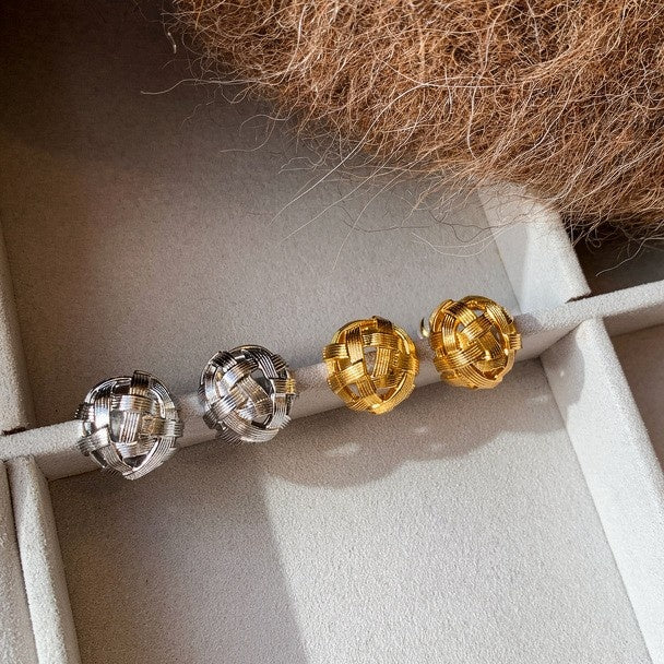 18K Gold Plated Copper Woven Round Geometric Clip-on Earrings Fashion Non Pierced Jewelry