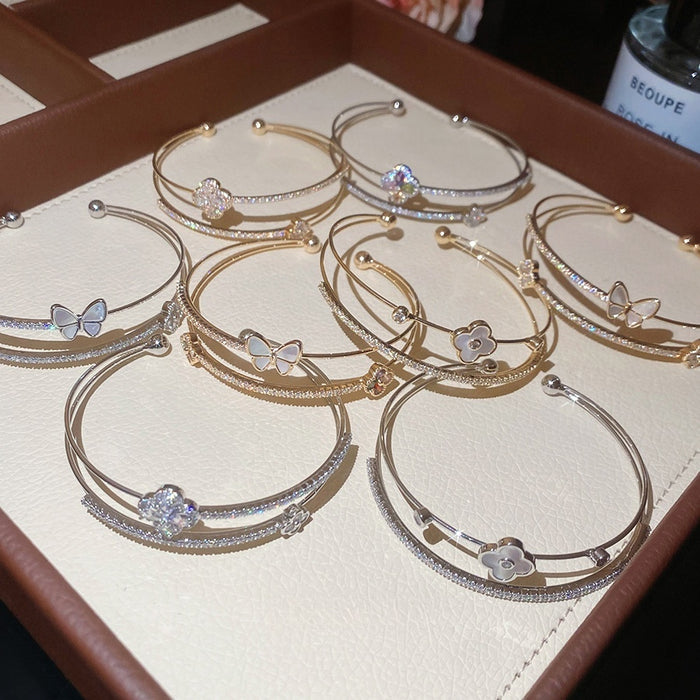 Korean Minimalist Copper Double Layer Zircon Flower Bangle Light Luxury Bracelet for Women