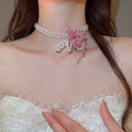 Sweet Fairy Fabric Flower Faux Pearl Beaded Bracelet Necklace Jewelry Set view 3