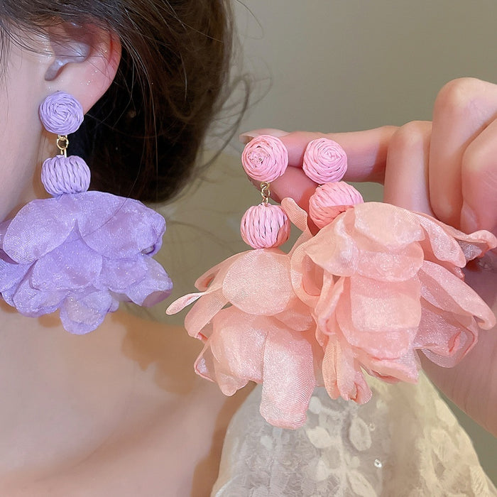 Beach Resort Style Fabric Geometric Flower Stud Earrings Light Luxury Sweet Fashion Jewelry
