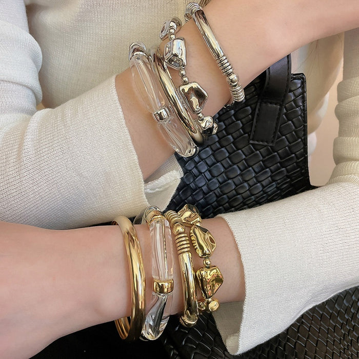 Light Luxury Iron Irregular Geometric Bangle With Round Metal Design For Women