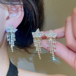 18K Gold Plated Copper Zircon Star Tassel Clip-on Earrings Light Luxury Fashion Jewelry