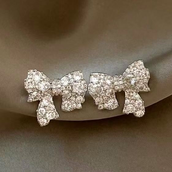 14K Gold Plated Copper Zircon Bow Stud Earrings Korean Minimalist Chic Delicate Jewelry