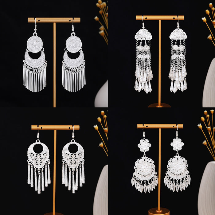 Miao Silver Long Tassel Ethnic Earrings New Light Luxury Minority Style Fashion Ear Jewelry