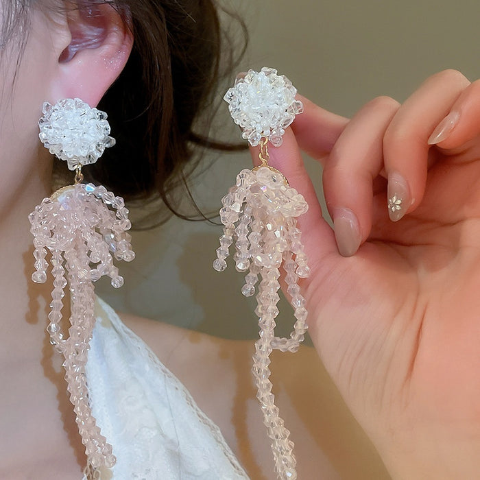 Artificial Crystal Flower Bow Tassel Drop Earrings Sweet Elegant Silver Needle Jewelry