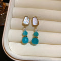 14K Gold Plated Silver Post Blue Beaded Tassel Stud Earrings French Vintage Geometric Style view 2