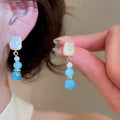 14K Gold Plated Silver Post Blue Beaded Tassel Stud Earrings French Vintage Geometric Style view 1