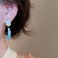 14K Gold Plated Silver Post Blue Beaded Tassel Stud Earrings French Vintage Geometric Style view 3