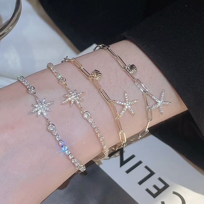 French Minimalist Copper Zircon Geometric Star Bangle, Light Luxury Fashion Bracelet