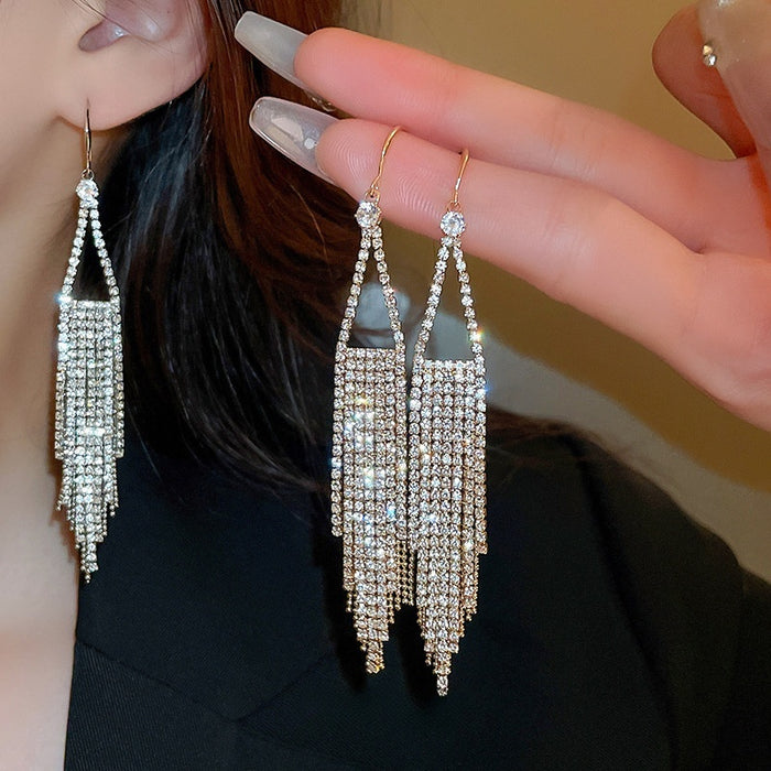 Geometric Triangle Zircon Tassel Copper Hook Drop Earrings For Women