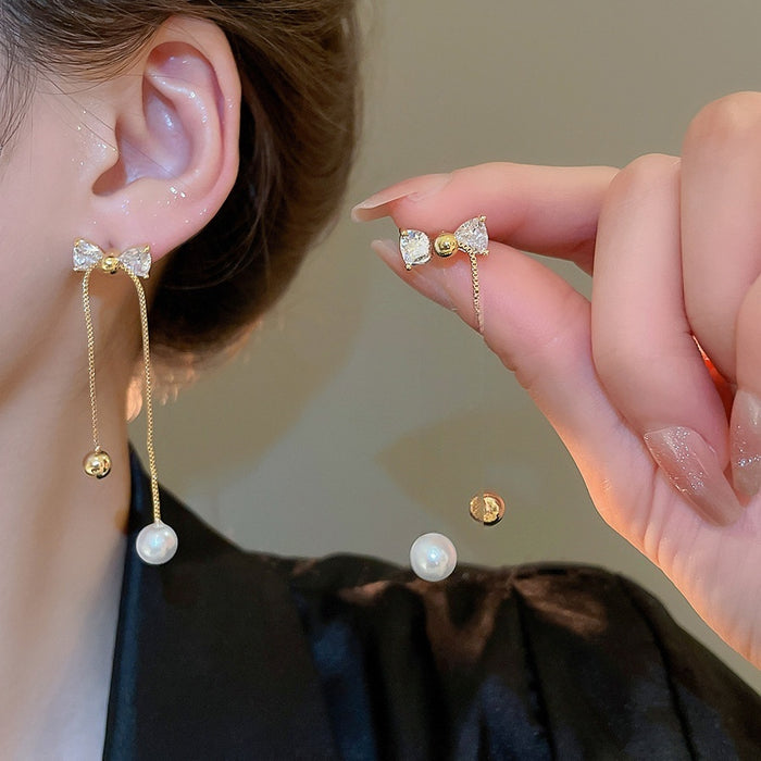 18K Gold Plated Silver Needle Zircon Bow Faux Pearl Stud Earrings Light Luxury Niche Style