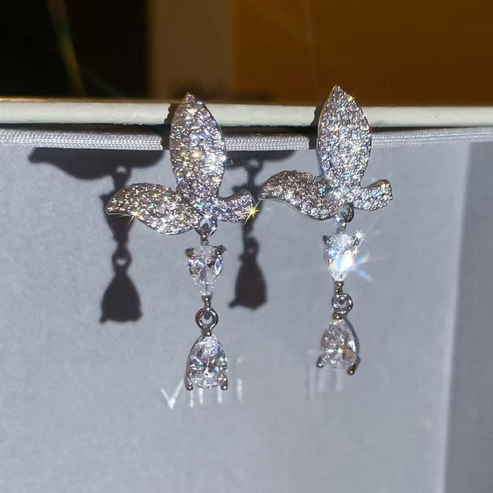 Modern Copper Zircon Butterfly Waterdrop Tassel Drop Earrings With Silver Needle For Women