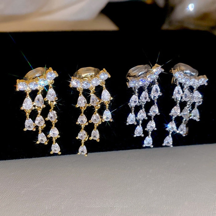 18K Gold Plated Copper Zircon Teardrop Tassel Clip-on Earrings Minimalist Fashion Jewelry