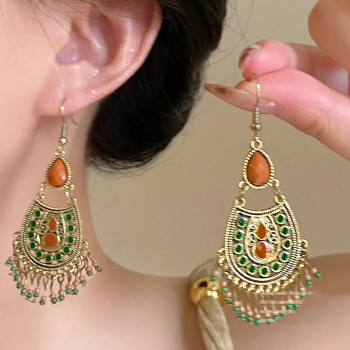 Vintage Ethnic Alloy Teardrop Enamel Rice Bead Tassel Drop Earrings