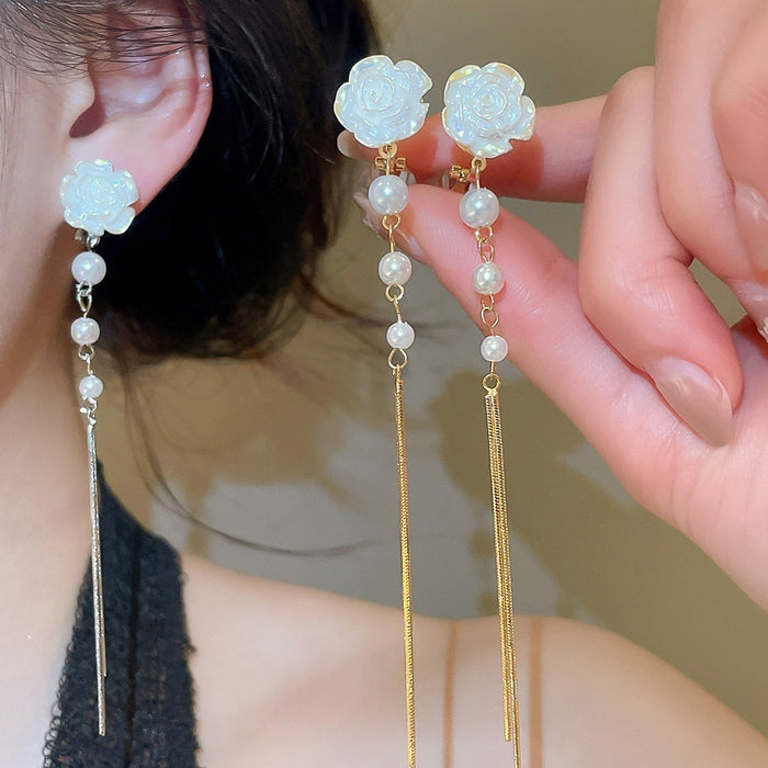 18K Gold Plated Flower Faux Pearl Clip-on Earrings Vintage Elegant Luxury Dangle Jewelry