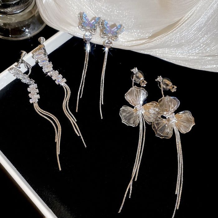 Copper Zircon Butterfly Flower Tassel Clip-on Earrings For Women, Minimalist Light Luxury Style