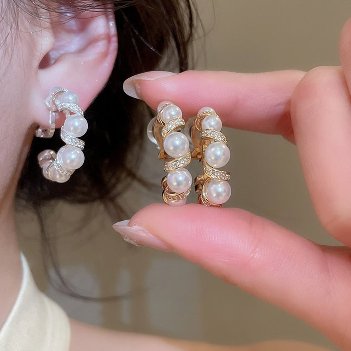 18K Gold Plated Zircon Round Faux Pearl Clip-on Earrings French Vintage Minimalist Jewelry