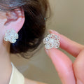 18K Gold Plated Zircon Flower Faux Pearl Clip-on Earrings, Elegant Minimalist Fashion Jewelry view 4