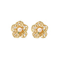 18K Gold Plated Zircon Flower Faux Pearl Clip-on Earrings, Elegant Minimalist Fashion Jewelry view 5