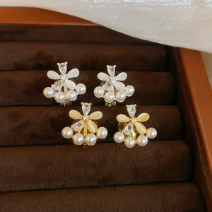 18K Gold Plated Zircon Cat Eye Stone Flower Clip-on Earrings Elegant Minimalist Jewelry