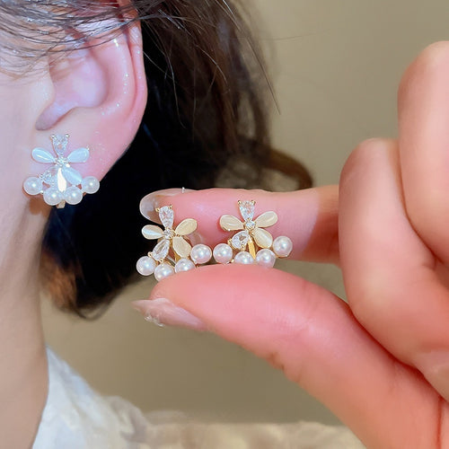 18K Gold Plated Zircon Cat Eye Stone Flower Clip-on Earrings Elegant Minimalist Jewelry