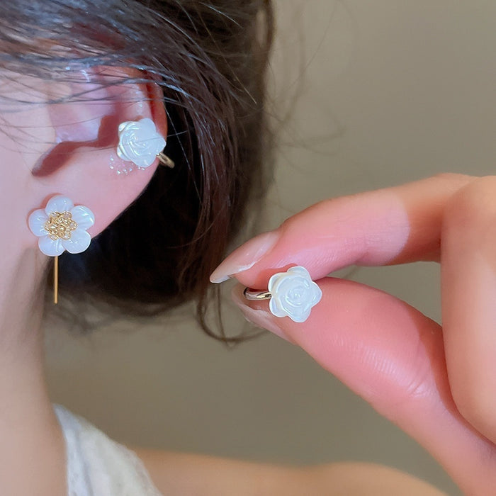 18K Gold Plated Mother Of Pearl Flower Hook Earrings For Women, Light Luxury Versatile Jewelry