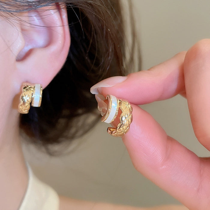 18K Gold Plated Copper Mother Of Pearl Double Layer C Shape Stud Earrings With Silver Posts