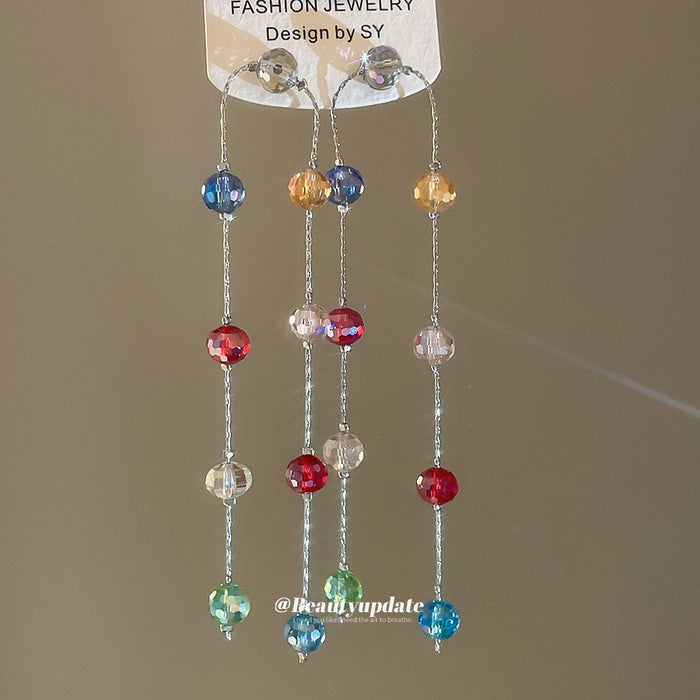 Colorful Crystal Tassel Drop Earrings With Sterling Silver Pins Fresh Sweet Geometric Round Design